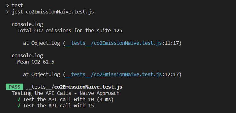 Mean and total CO2 Emissions are logged in the console