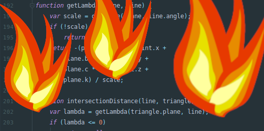 An image of some code with cartoon fire superimposed